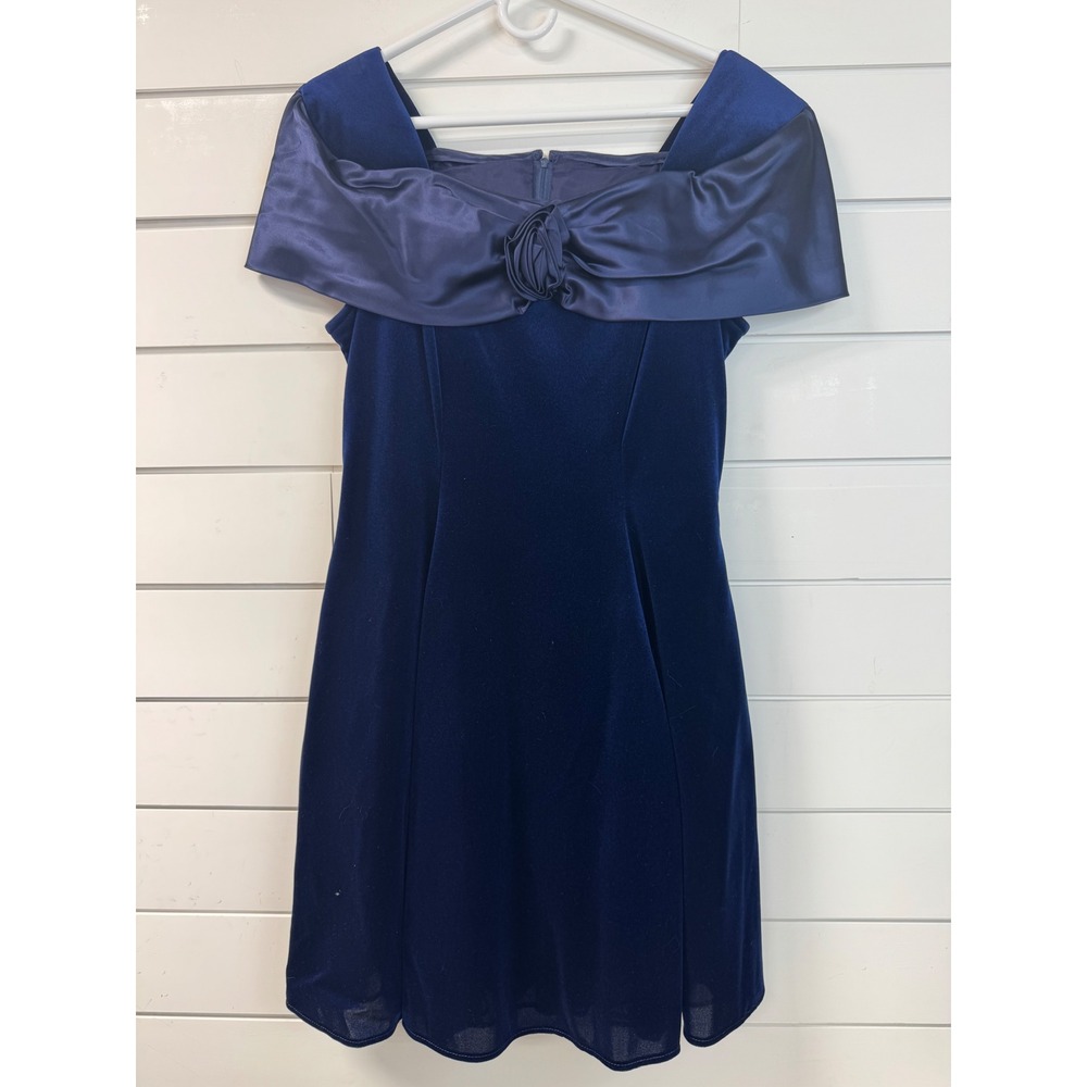 Vintage 80s Navy Blue Velvet Satin Rose Off Shoulder Cocktail Dress Mini Prom